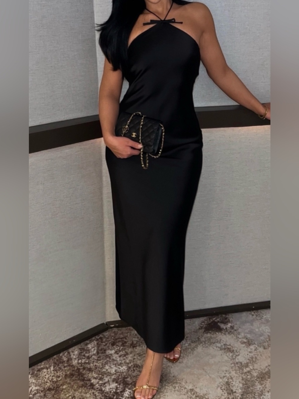 Size xs fits size s. Classic Black Slip Dress - Elegant Evening Maxi